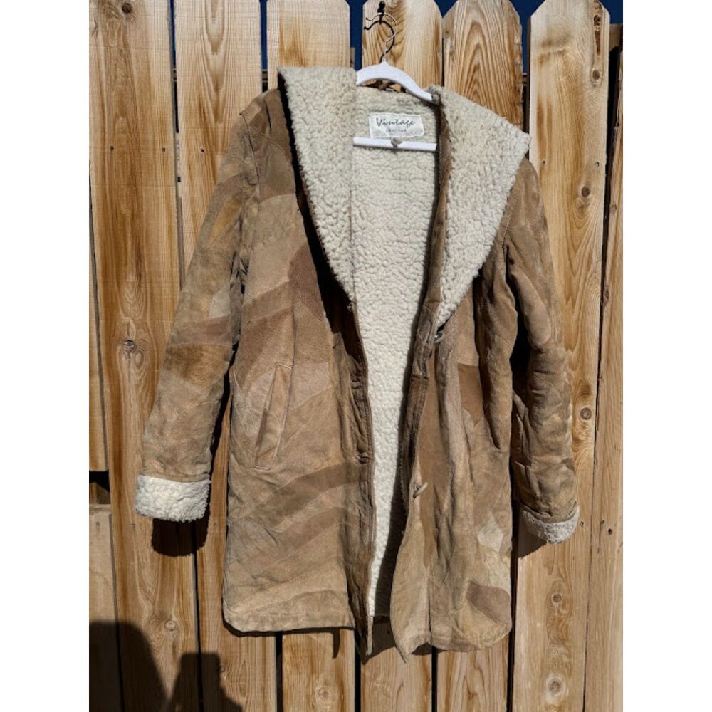 Vintage LEATHER Women's Sherpa Lined Hooded Geometric Patchwork Funky Peacoat M